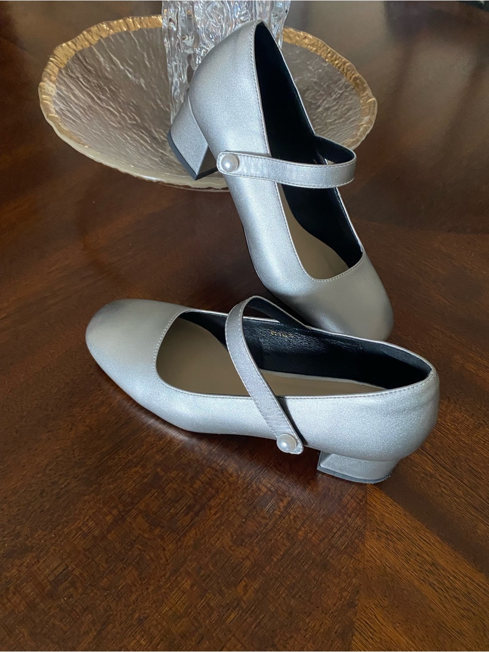 Mary Jane Patent Leather Chunky Heel Pumps Ankle Strap Rounded Toe Silver 8